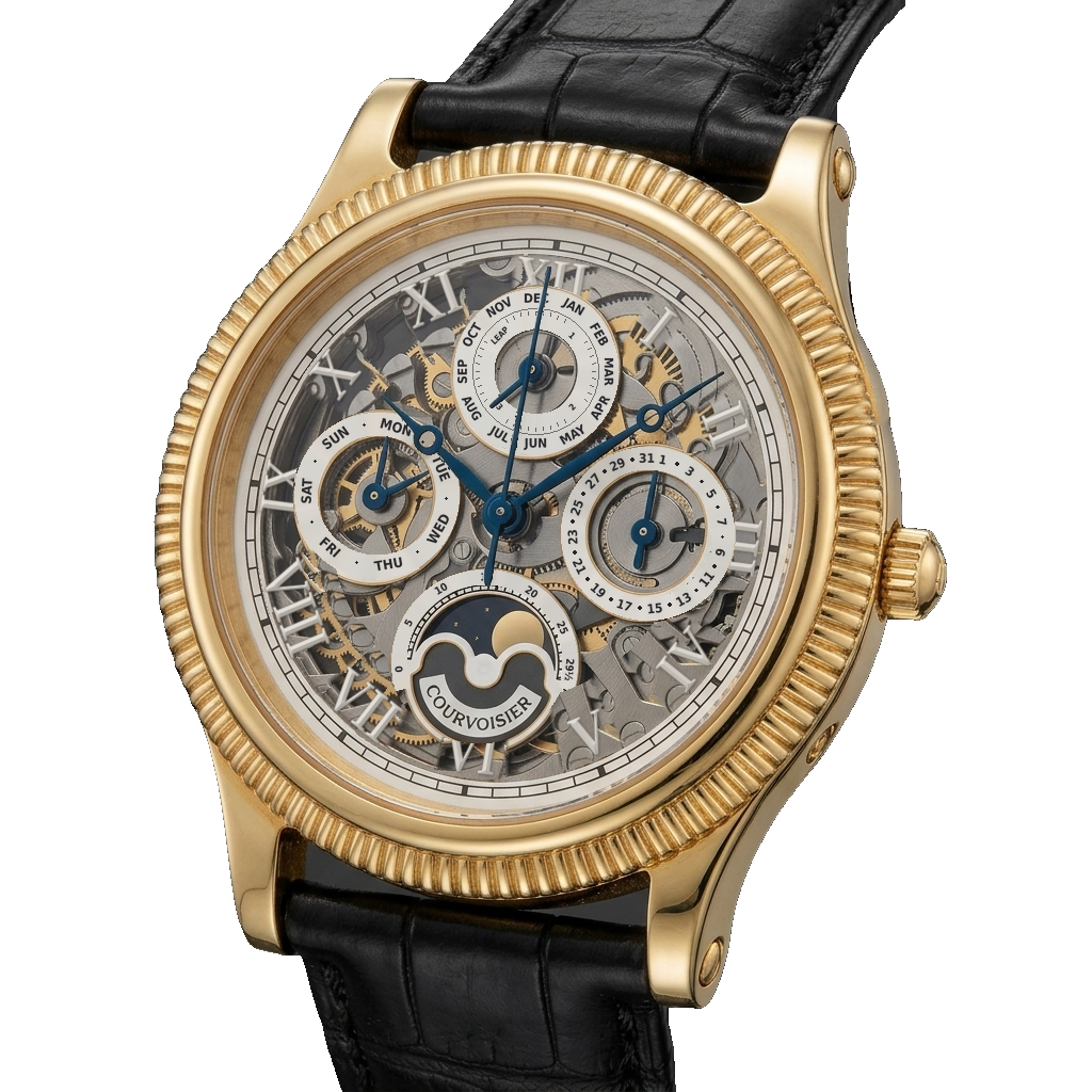 Gold wristwatch with skeletonised perpetual calendar movement visible through the dial