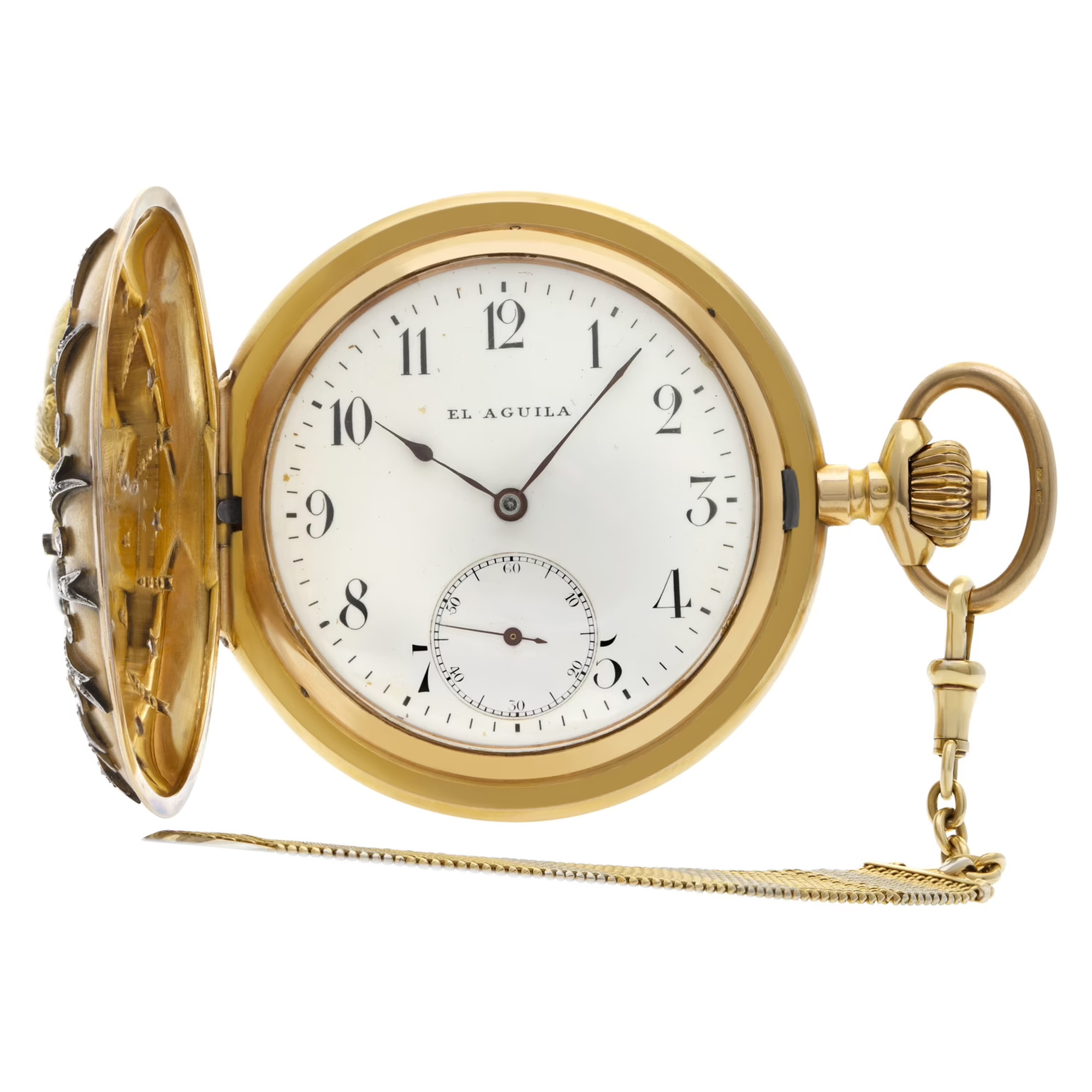 Gold hunter-case pocket watch, open, the white enamel dial signed El Aguila