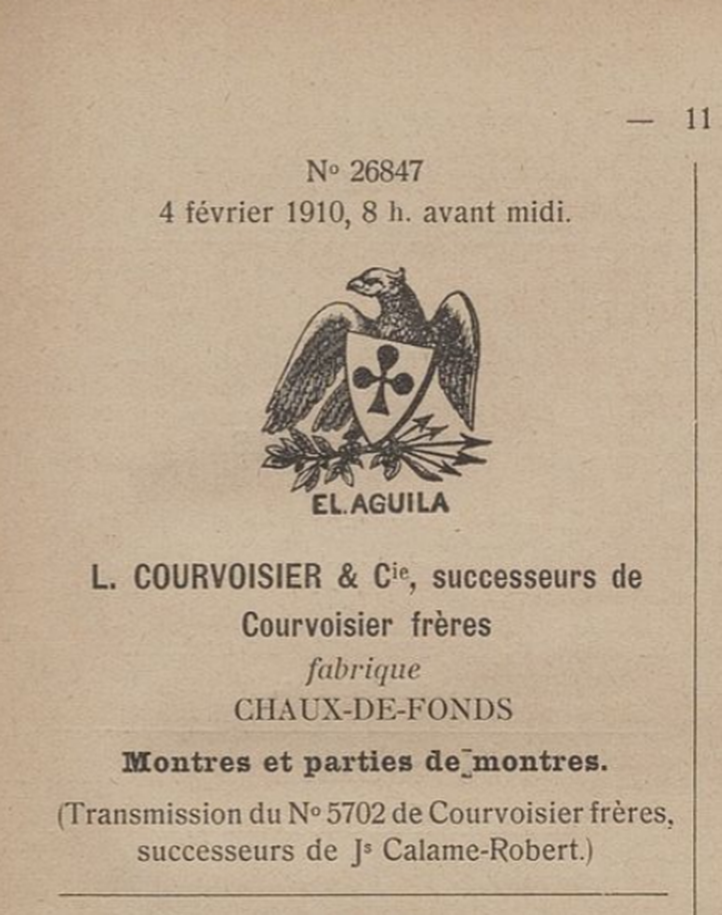Register entry for the El Aguila eagle mark, number 26847, 4 February 1910