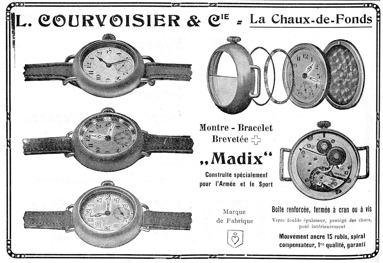 Period advertisement of L. Courvoisier & Cie for the patented Madix wristwatch, showing three watches, an exploded case and the movement