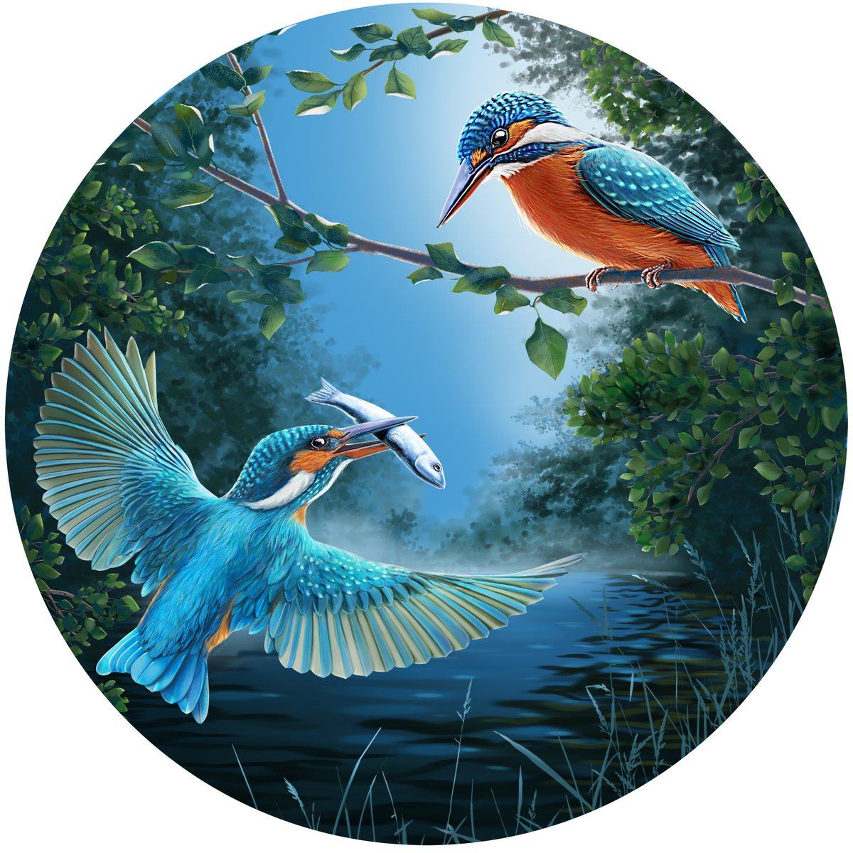 Les Jours d’Alcyone — two kingfishers over a river, painting for a grand-feu enamel dial