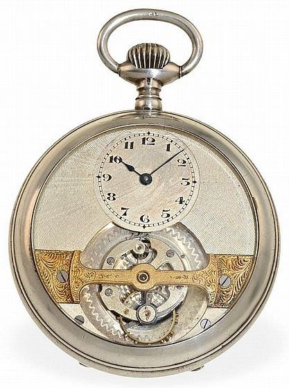 Mobilis silver pocket watch with the tourbillon carriage visible beneath the small dial