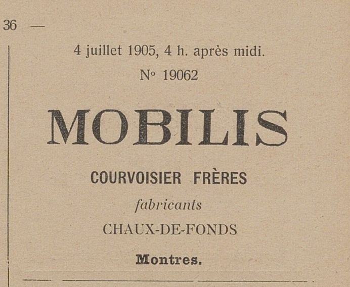 Trade mark registration: 4 juillet 1905, N° 19062, MOBILIS, Courvoisier Frères