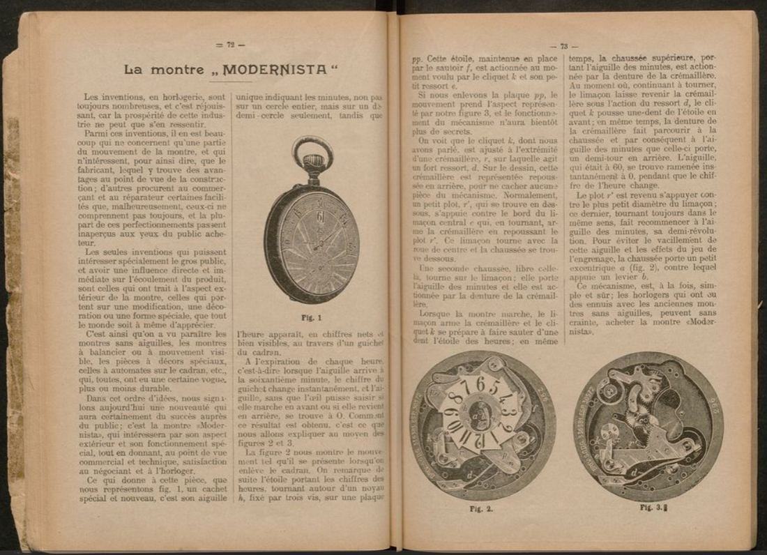 Open pages of the Almanach de l’horlogerie 1905 describing La montre Modernista