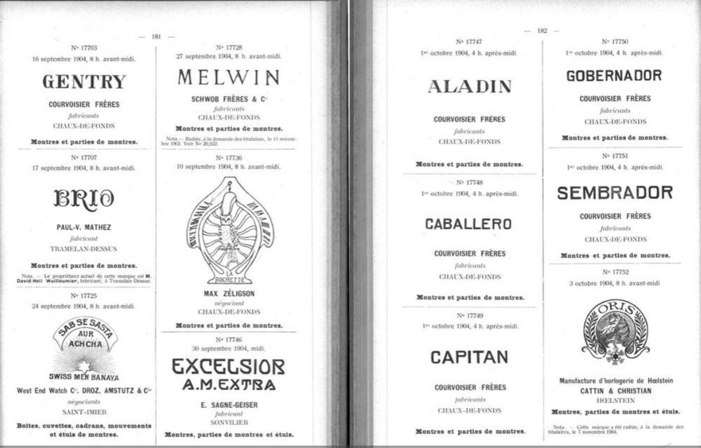 Register pages listing the marks Gentry, Aladin, Caballero, Capitan, Gobernador and Sembrador