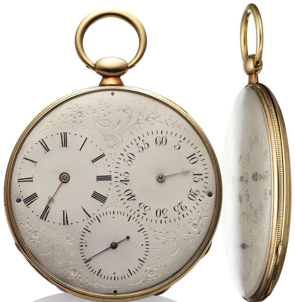 Ultra-thin gold pocket watch with engraved silvered dial, shown face-on and in profile