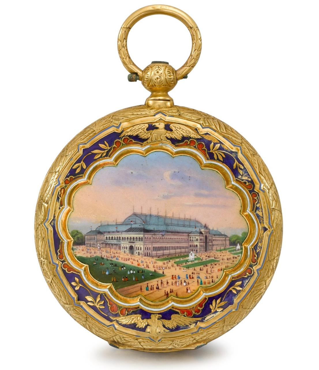 Gold pocket watch with an enamel painting of the Palais de l’Industrie