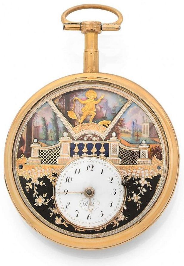 Gold pocket watch with an enamel scene of a garden pavilion and automaton figures