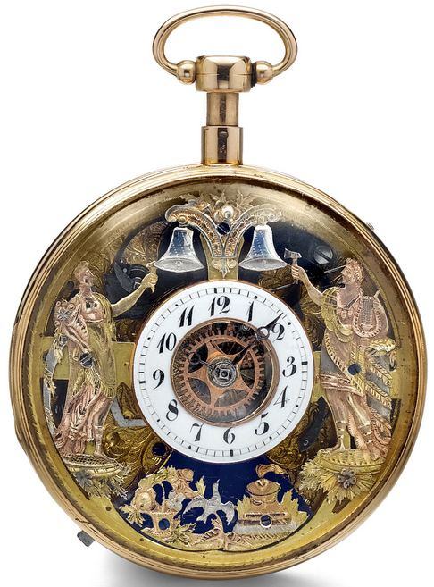 Gold pocket watch with visible movement and two gilt automaton figures striking bells