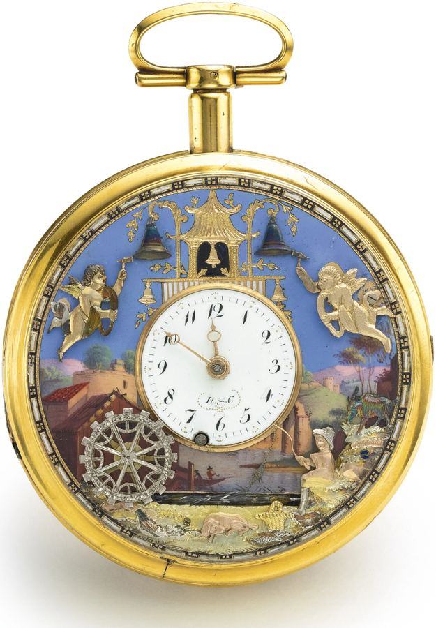 Gold pocket watch with an enamel and gold automaton scene of a fisherman at a mill