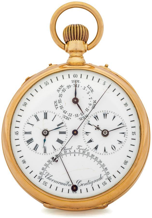 Gold pocket watch with white enamel dial showing two time zones and a centigrade thermometer