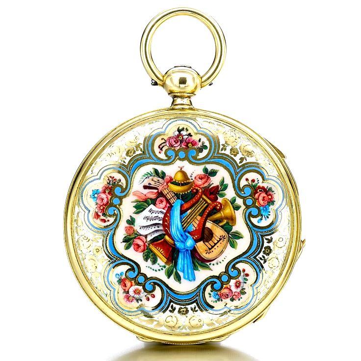Gold pocket watch with a painted enamel back showing musical trophies among flowers