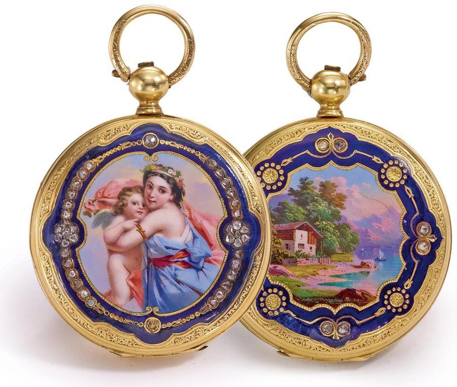 Two gold pocket watches with blue enamel and painted scenes, set with pearls