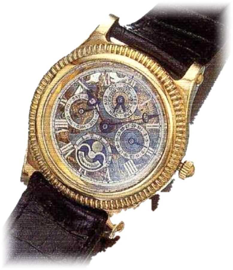 Gold wristwatch with skeletonised perpetual calendar movement visible through the dial