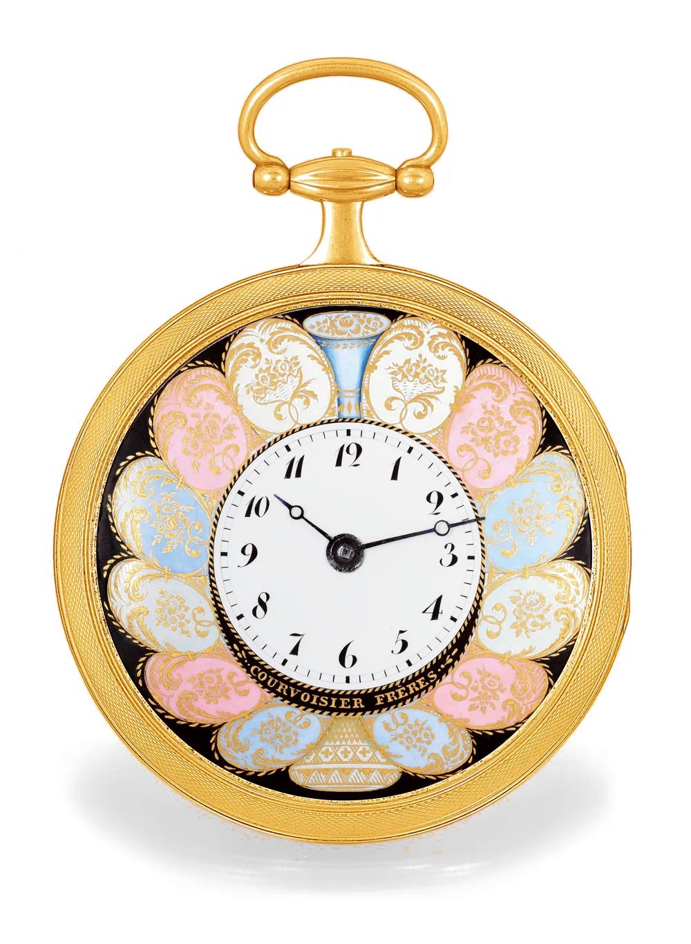 Gold pocket watch by Courvoisier Frères, white enamel dial set within painted enamel cartouches in rose, blue and white