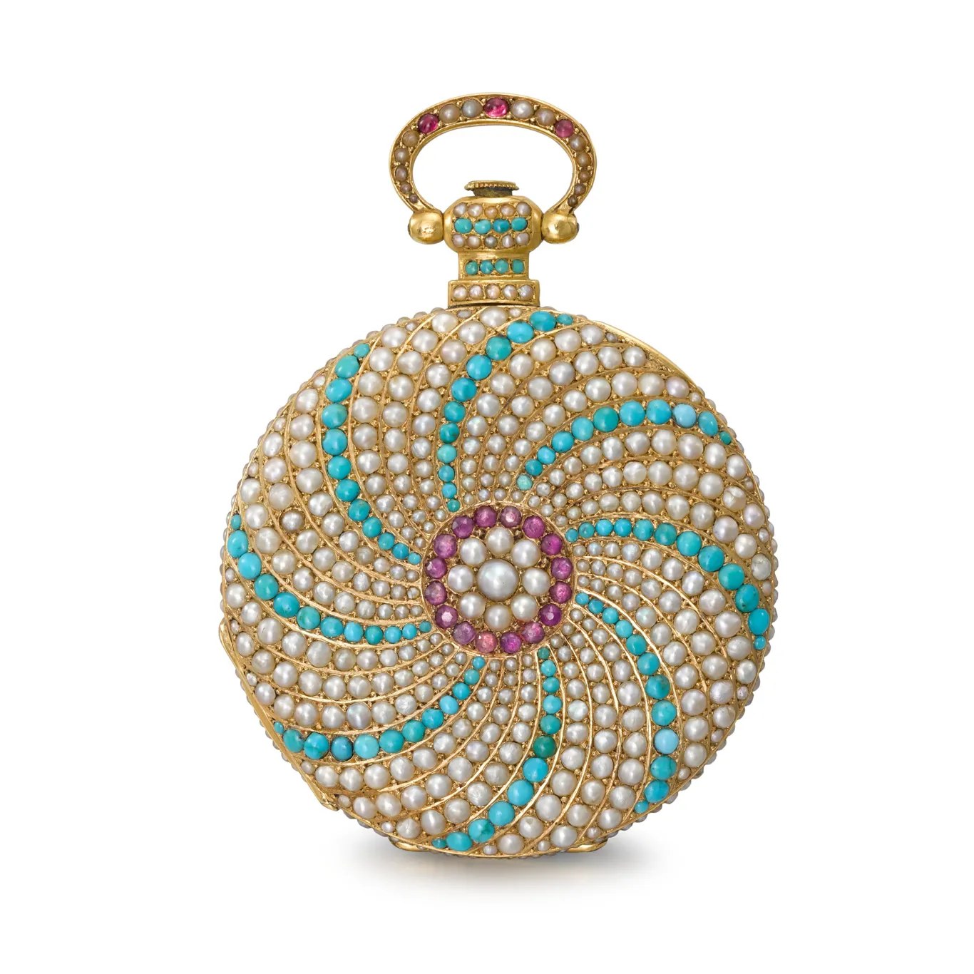 Gold pocket watch case entirely set with seed pearls, turquoises and rubies in a spiral pattern