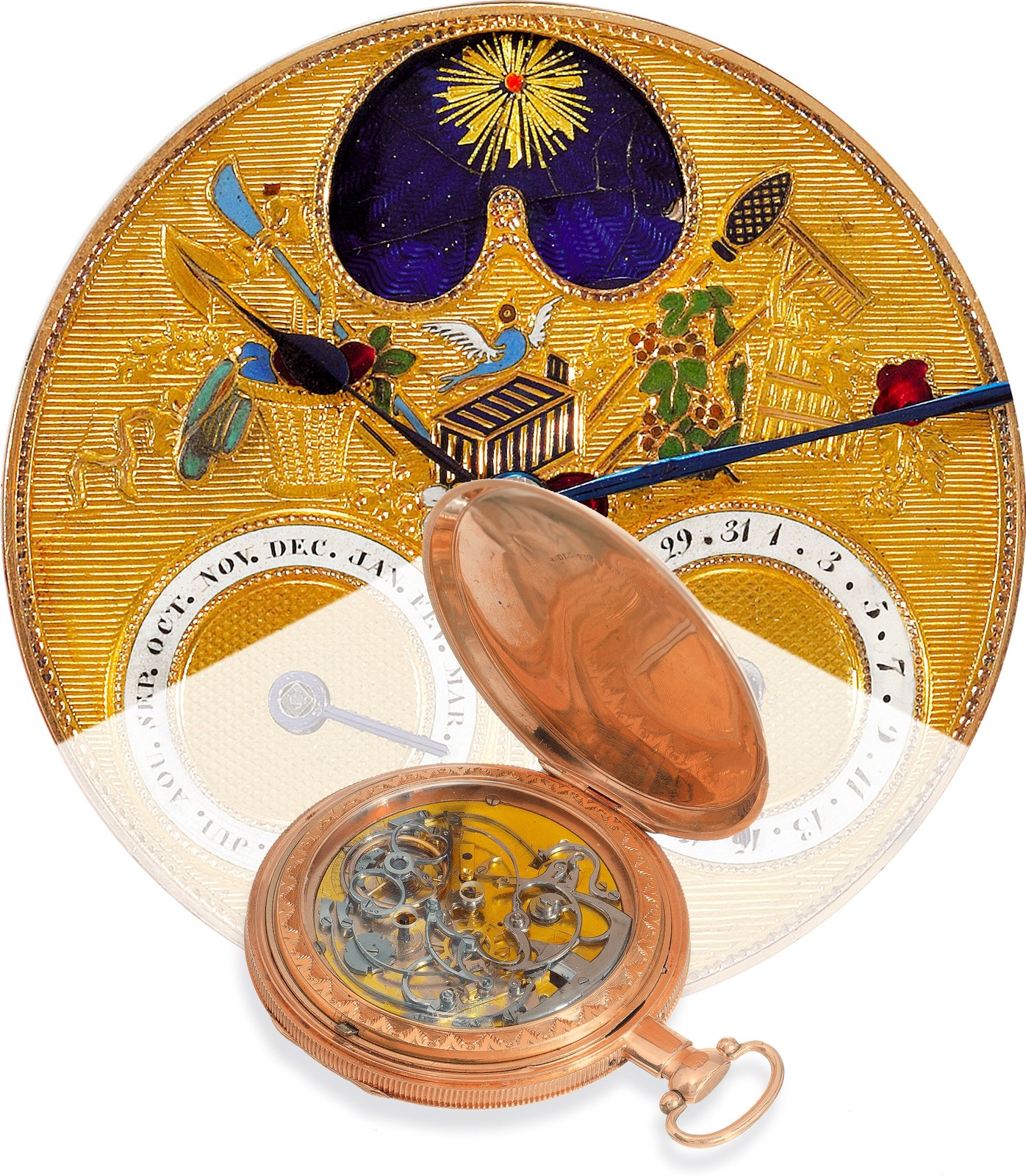 Engine-turned gold calendar dial with applied polychrome enamel, moon phases, month and date subdials, shown with its case and skeletonised movement