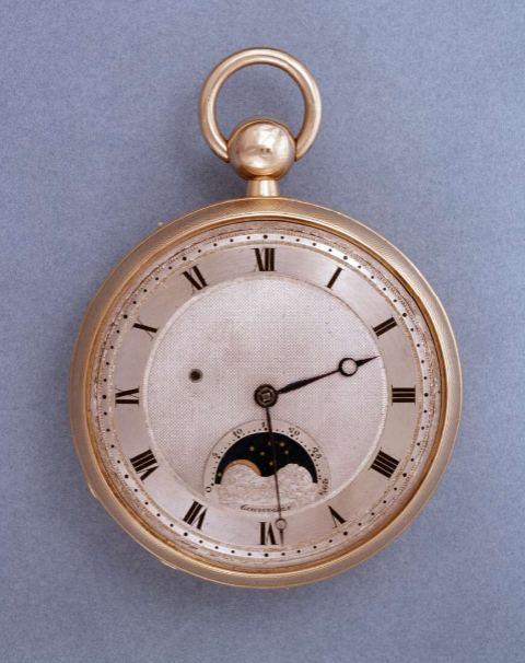 Gold pocket watch with engine-turned dial and moon phase, British Museum photograph