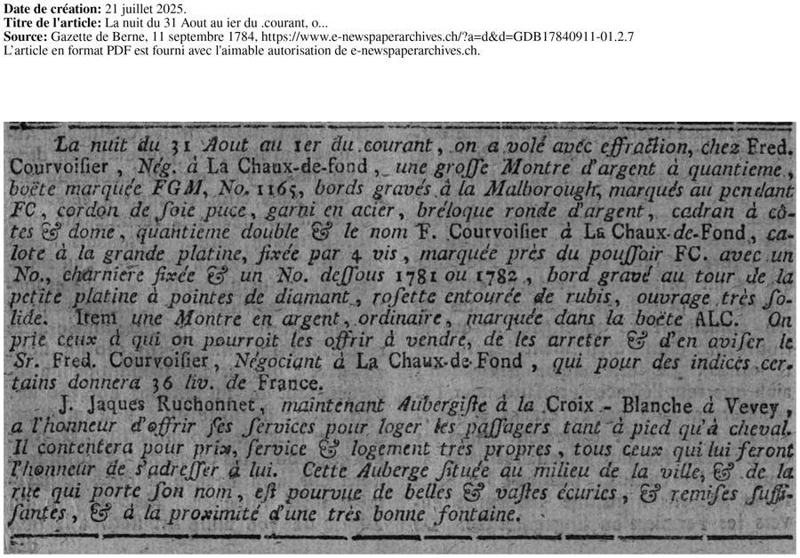 Gazette de Berne, 11 September 1784, notice naming Fred. Courvoisier, négociant à La Chaux-de-Fonds