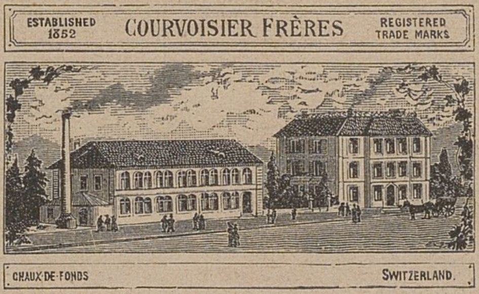 Engraving of the Courvoisier Frères factory buildings, headed Established 1852, Registered Trade Marks