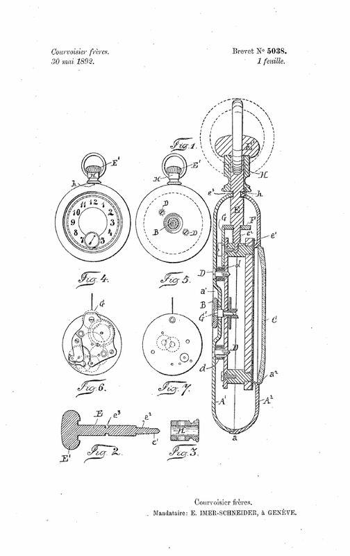 Patent drawings of a pendant winding mechanism, Swiss patent 5038, Courvoisier Frères, 1892