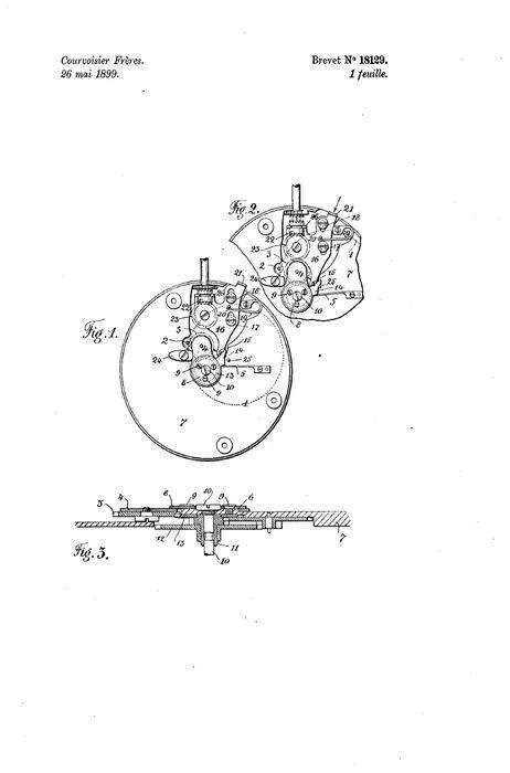 Patent drawings of a hand-setting mechanism, Swiss patent 18129, 1899