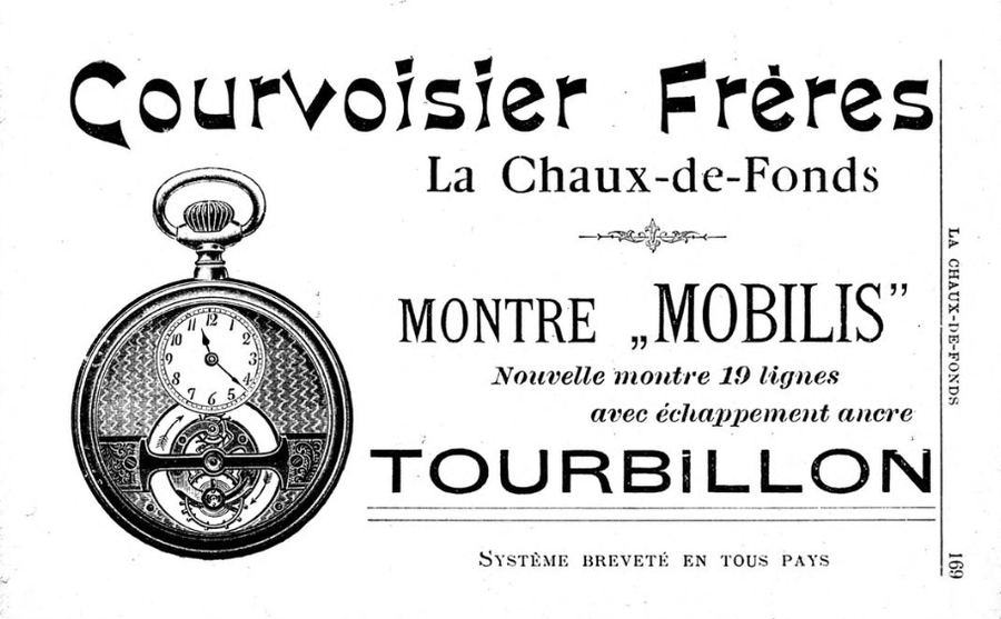 Advertisement: Courvoisier Frères, La Chaux-de-Fonds, Montre Mobilis, nouvelle montre 19 lignes tourbillon