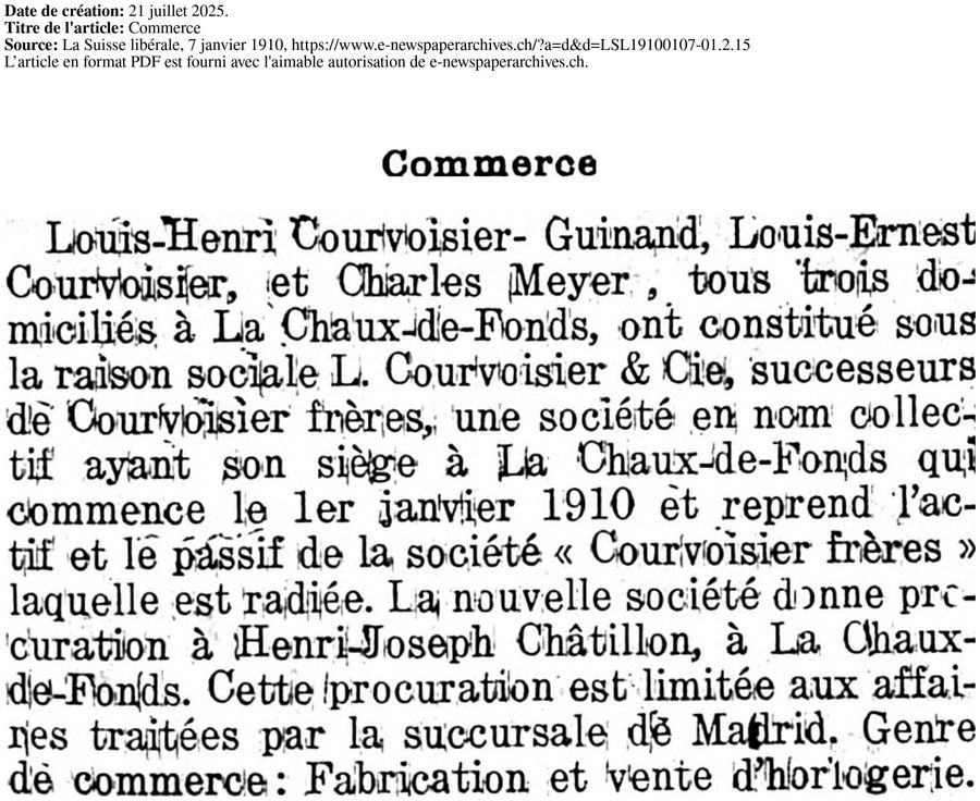 Newspaper notice: Louis-Henri Courvoisier-Guinand, Louis-Ernest Courvoisier and Charles Meyer