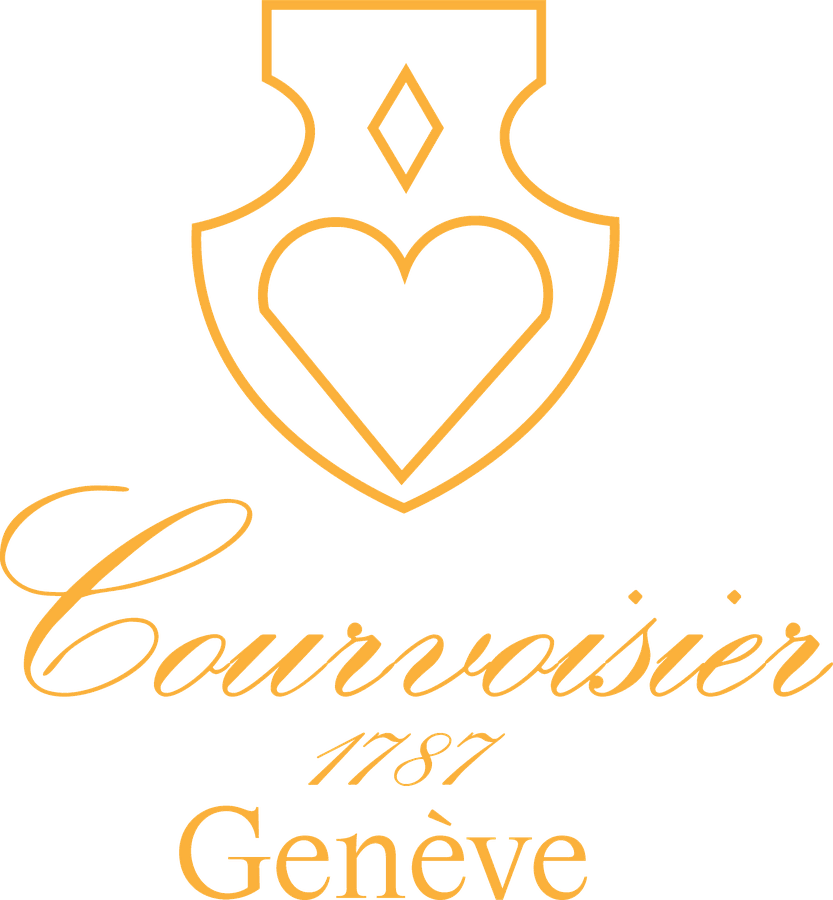 Courvoisier 1787 Genève — script logotype with the shield and heart