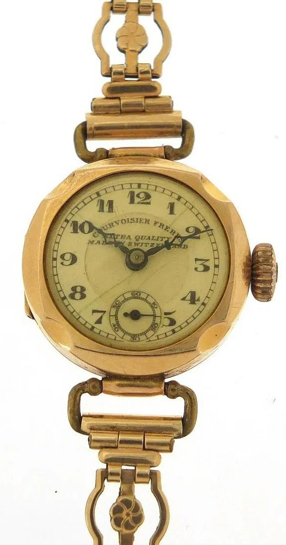 Ladies’ gold wristwatch on an expanding bracelet, dial signed Courvoisier Frères, Extra Quality, Made in Switzerland