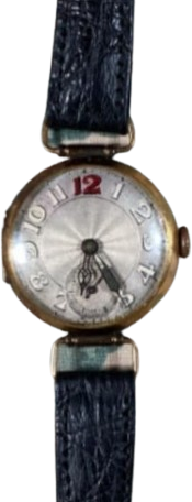 Small round wristwatch of the 1930s with an engine-turned silver dial and a red twelve, on a black strap
