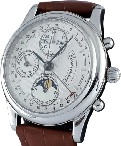 Steel automatic wristwatch with day, month, 24-hour indication and moon phase, signed Courvoisier