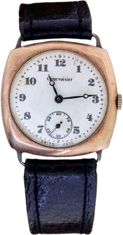 Cushion-shaped rose gold wristwatch of the 1950s with white dial and Arabic numerals, signed Courvoisier, on a black strap