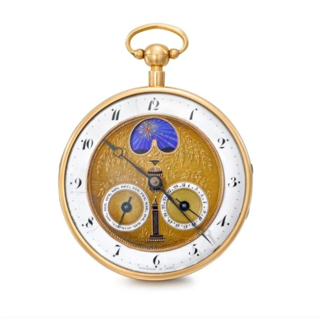 Gold pocket watch signed Courvoisier et Compe, engraved gold dial with an urn, obelisk and willow, month and date subsidiary dials and a blue enamel aperture