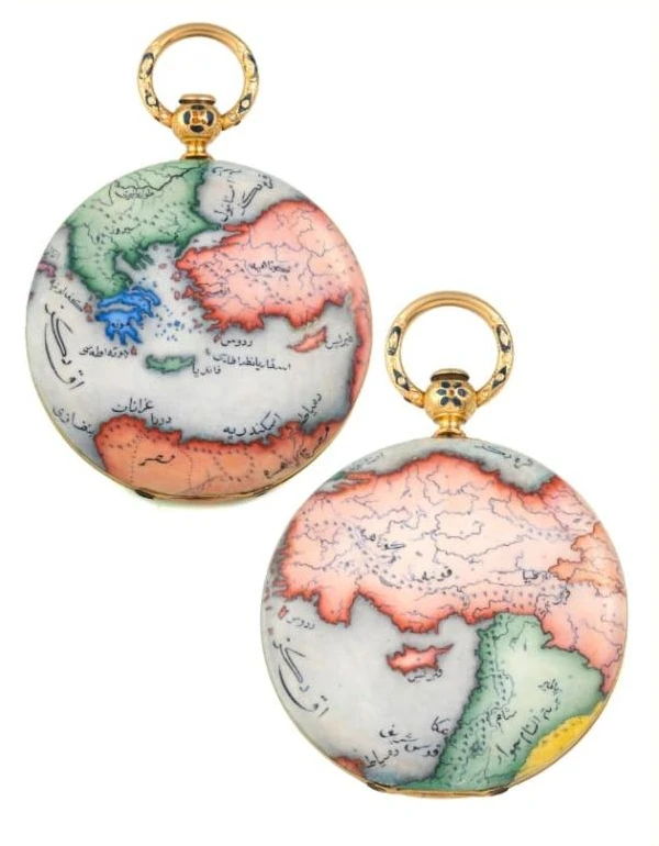 Gold and enamel hunting-cased watch by Courvoisier Frères, both covers painted with maps of the Ottoman Empire