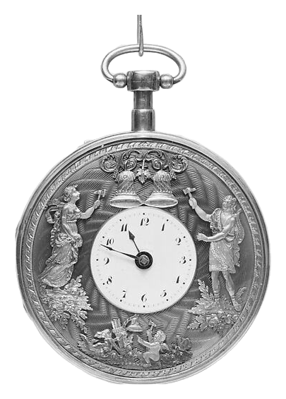 Black and white museum photograph of a silver watch with figures around the dial