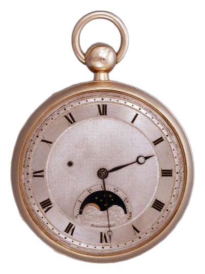 Gold pocket watch with engine-turned dial and moon phase, British Museum photograph